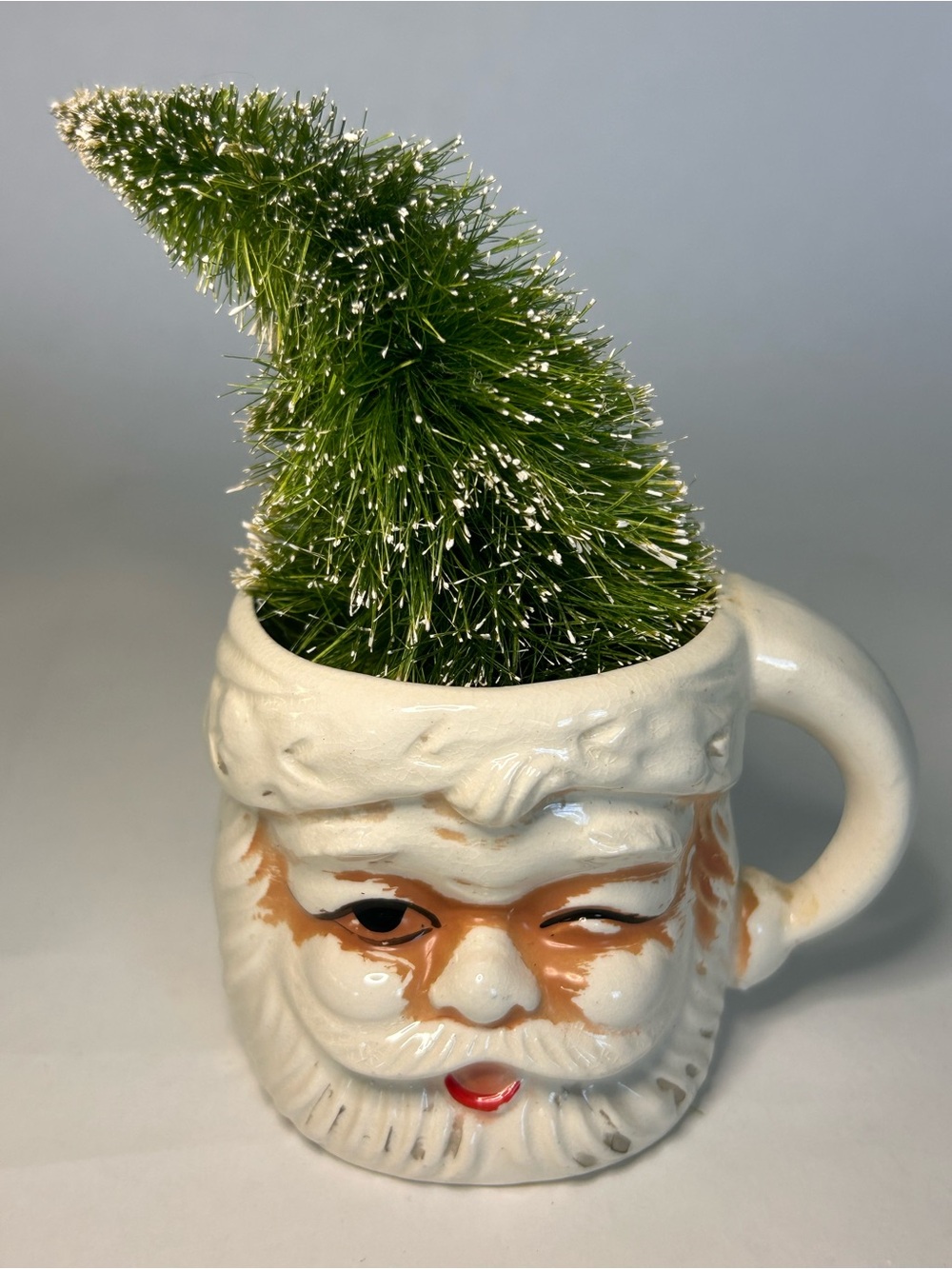 Vintage Retro Winking Christmas Santa Mug Bottle Brush Kitsch Whimsy Holiday 70s